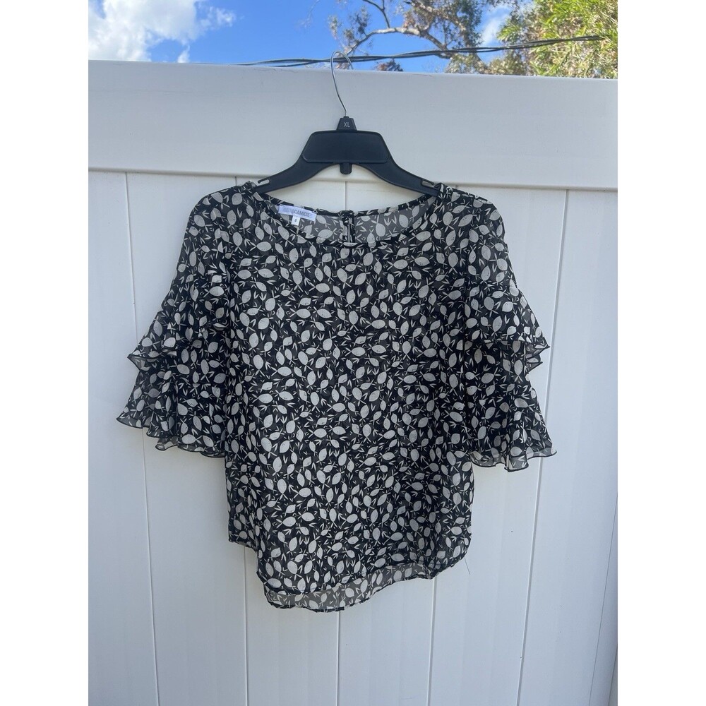Nara Camicie Womens Top Sheer Black Floral Short Sleeve Size 0